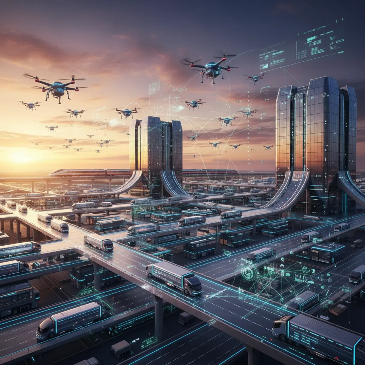 Panoramiczny widok futurystycznego centrum logistycznego o zachodzie słońca, z autonomicznymi ciężarówkami, dronami dostawczymi i pociągiem towarowym, odzwierciedlający globalną łączność i efektywność operacji TSL.
 